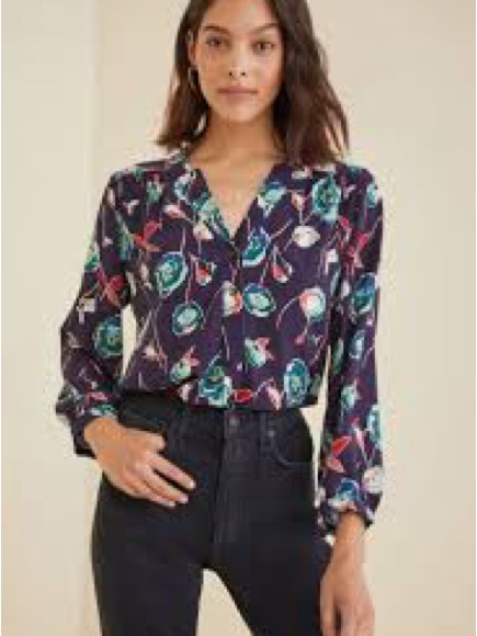 Amour Vert Navy Floral V-Neck Blouse With Teal Accents